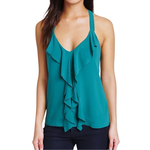 Aryn K 100% Silk Halter Tank with Waterfall Ruffles & Lace Back Medium - Picture 1 of 11